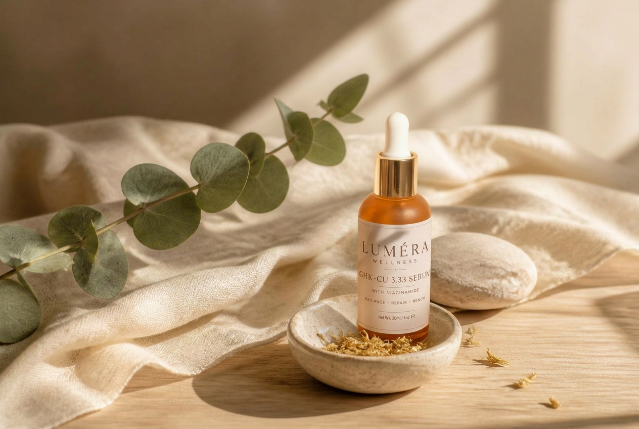 Luméra Wellness skincare on warm linen and oak