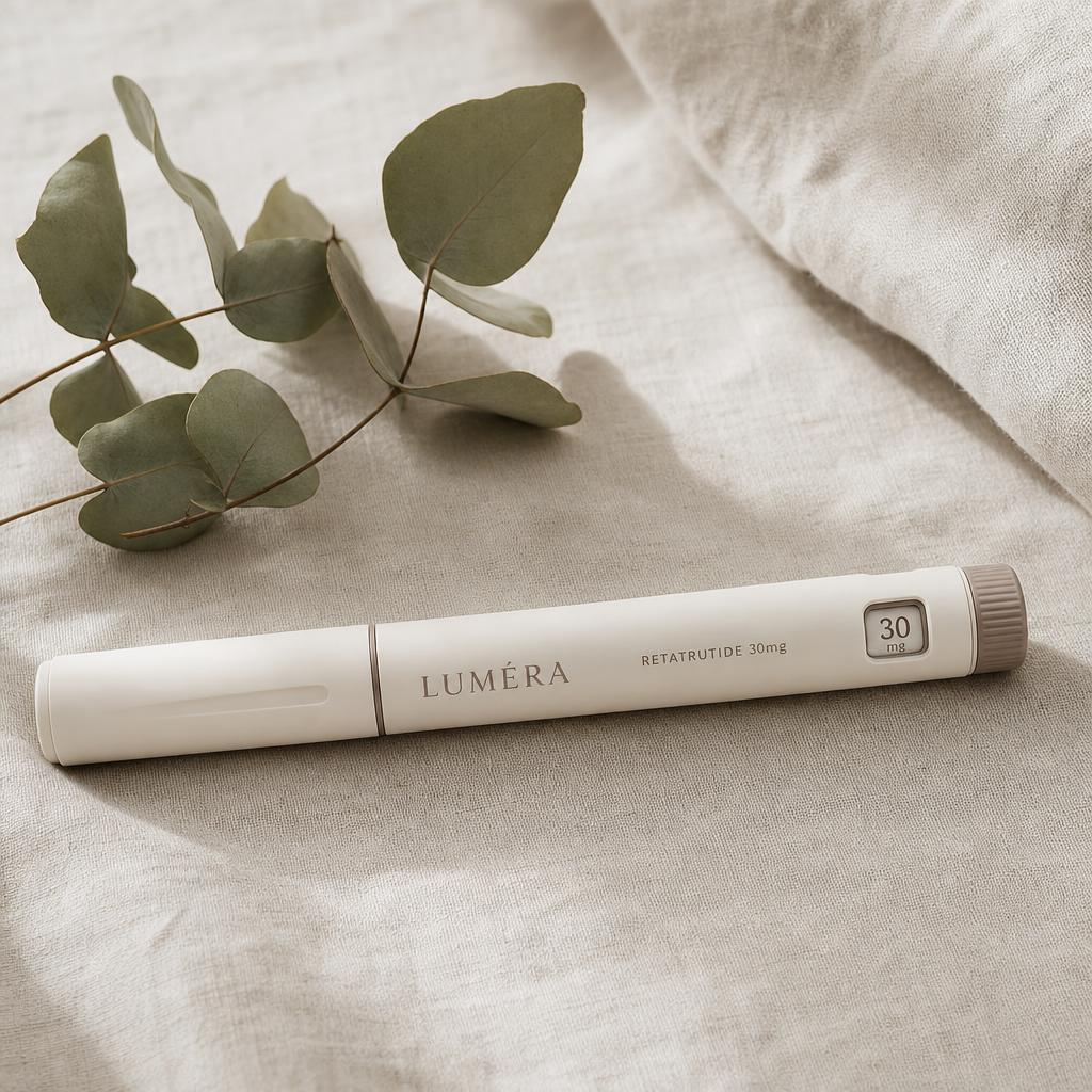 Luméra Retatrutide 30mg prefilled peptide pen on linen